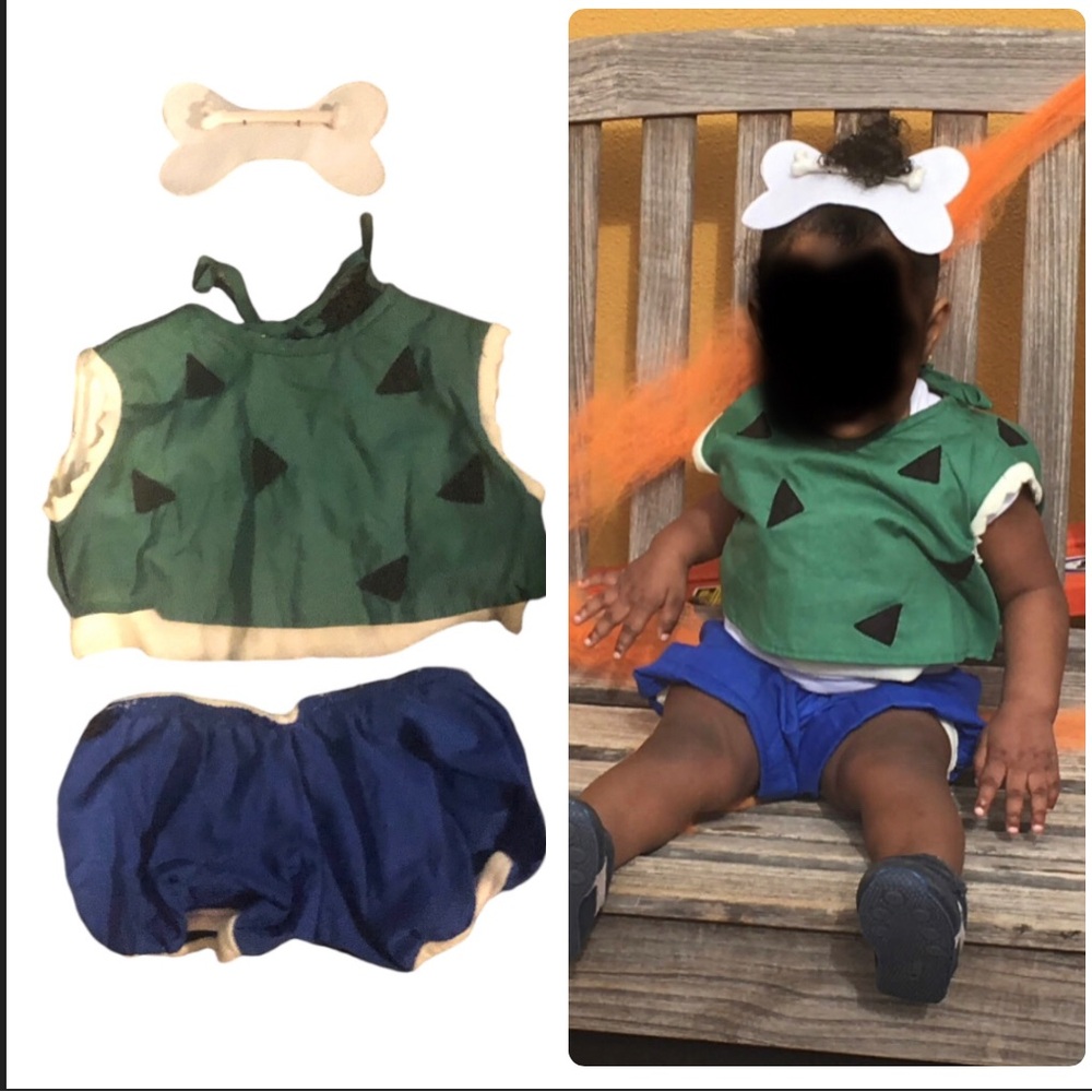 Flintstones Pebbles Baby Costume GUC 3pc Top Bottoms &Hair Clip Bone 18 months